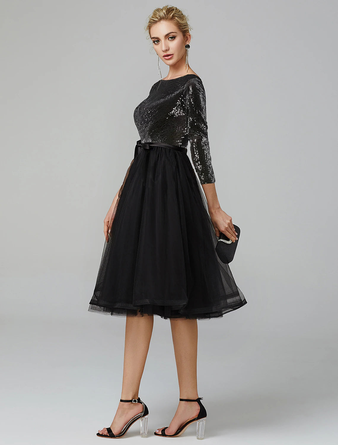 Robe de cocktail trapèze Weitese élégante, robe formelle pour invité de mariage, longueur thé, manches 3/4, col bijou, tulle avec bretelles à paillettes